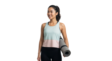 Young woman prepares for yoga practice with mat in hand at home before morning workout session