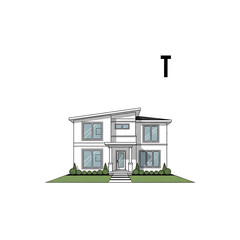 A modern, two-story residence with a flat roof, large windows, and a welcoming entrance. It's set upon a green lawn