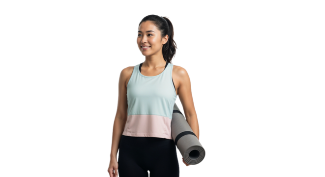 Young woman prepares for yoga practice with mat in hand at home before morning workout session