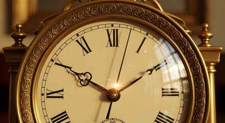 Close-up of a golden antique style clock with the hands pointing near twelve o'clock (midnight or noon), emphasizing detail and time.