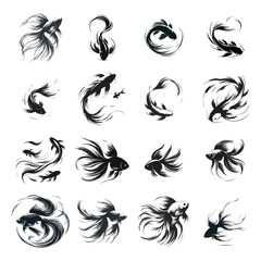 Betta Fish Silhouettes Set, Ink Brush Style