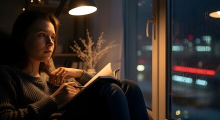 Obraz premium A woman sitting by a large window, reading a book or tablet with a brightly lit city view at night in the background.