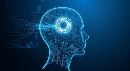 Abstract digital human head with glowing circuits and data streams
