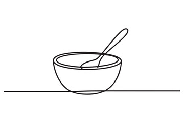 Single one line drawing bowl and spoon. Tableware concept. Continuous line draw design. one line Icon drawing with white background