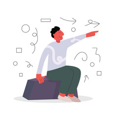 A man pointing finger to far away point. go right track concept. keep going vector illustration