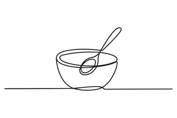 Single one line drawing bowl and spoon. Tableware concept. Continuous line draw design. one line Icon drawing with white background