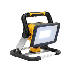 A portable, bright work light with a black and yellow color scheme, featuring a sturdy handle and adjustable stand