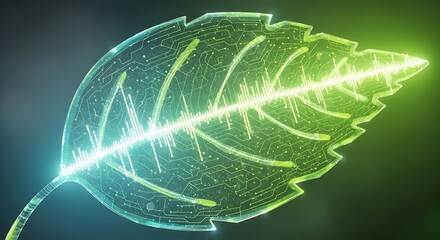 Glowing digital leaf with energy lines, futuristic nature concept.