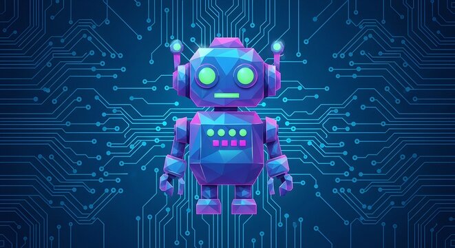 Vector Illustration Concept of Cute Low Poly Robot with Glowing Eyes Floating on Abstract Blue Circuit Board Background, Futuristic Polygonal Design for Technology and Innovation Themes