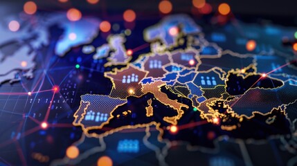 Detailed Digital Map of Europe with Network Connections and Light Effects Representing Data Flow and Connectivity