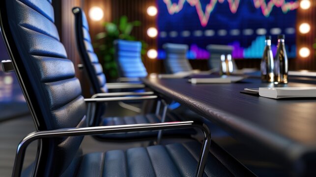 Modern Conference Room with Empty Chairs, Stock Market Chart and Professional Ambiance for Business Meetings and Presentations