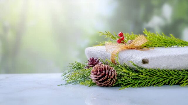 Festive Gift Arrangement: a beautifully wrapped gift, adorned with natural elements like pine cones and lush greenery, sits gracefully, radiating a sense of warmth and anticipation.