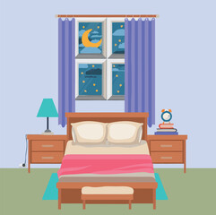 a bedroom with a bed, nightstand and window