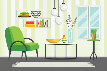 living room with green chair and table