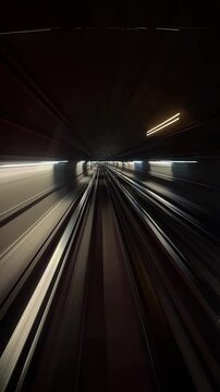 Paris, France. Timelapse of the subway inside the tunnel. The train moves towards to the next station
