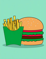 Delicious hamburger and french fries illustration on a greenish background
