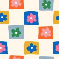 Playful retro flower tiles in cheerful colors, perfect for kids' decor, apparel, and fun sewing seamless pattern