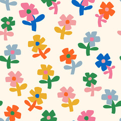 Cheerful hand-drawn flowers in playful colors, perfect for kids' fabrics, nursery decor, and joyful seamless pattern