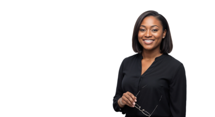 Professional woman in black shirt holding glasses and smiling confidently in a clean, well-lit setting