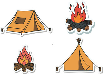 Camping tents and campfires arranged on white surface evoke feelings of outdoor adventure and cozy nights under the stars.