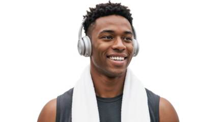 Young man smiles while wearing headphones and workout attire, relaxing after a gym session in a bright setting