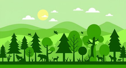 Obraz premium A stylized green forest scene with trees, hills, sun, clouds, and animal silhouettes