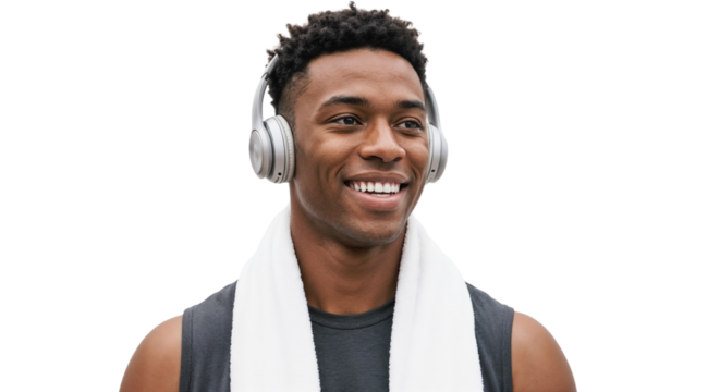 Young man smiles while wearing headphones and workout attire, relaxing after a gym session in a bright setting - Powered by Adobe