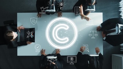 A professional business team is engaged in collaboration on intellectual property concepts using virtual reality technology at a sleek office table. Raster