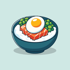 Rice Bowl With Salmon And Egg Cartoon Vector Icon Illustration. Food Object Icon Concept Isolated Premium Vector. Flat Cartoon Style