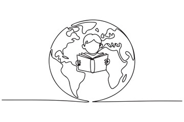 Single one-line drawing of a world with a child reading a book n it. World book day concept. one line Icon drawing with white background
