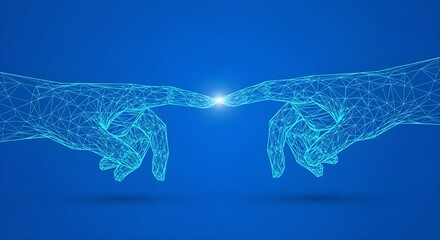 Technology and Business Concept Vector &ndash; Low-Poly Wireframe Hand Touching Finger with Glowing Light Effect on Blue Background, Futuristic Line Connection Icon Button Illustration