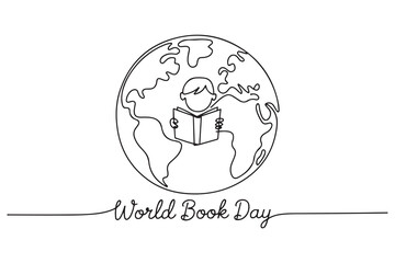 Single one-line drawing of a world with a child reading a book n it. World book day concept. one line Icon drawing with white background