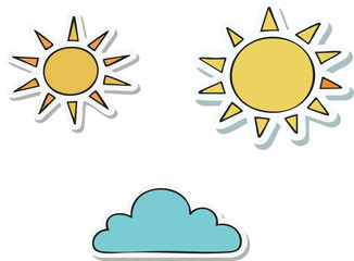 Cartoon sun and cloud floating in the sky creating a cheerful and whimsical weather scene for children's books and educational materials.