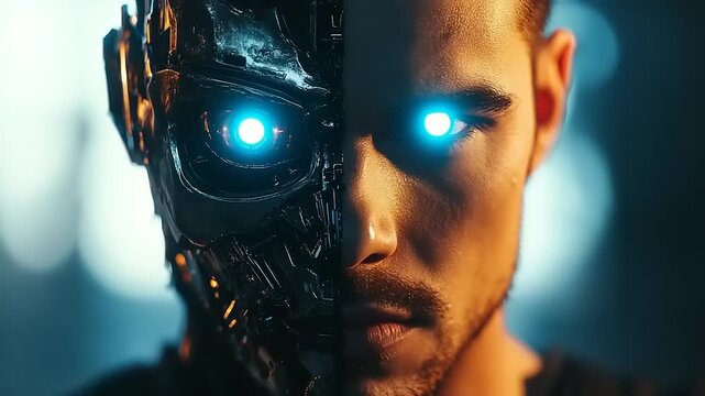 Duality concept showing split face of human and metallic cyborg