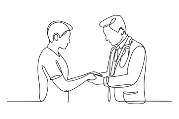 Single one line drawing The doctor holds a patient's hand to reassure the medical examination process. one line Icon drawing with white background