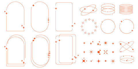 Modern minimalist aesthetic line elements set. Linear geometric frames and forms with stars.