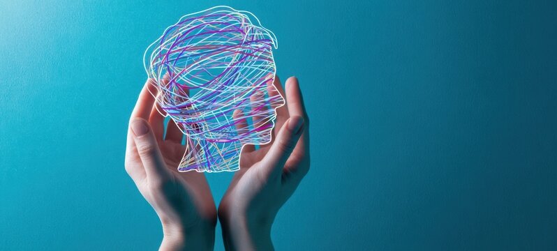 The human head hologram cradled by gentle hands symbolizing mental health and technology care - Powered by Adobe