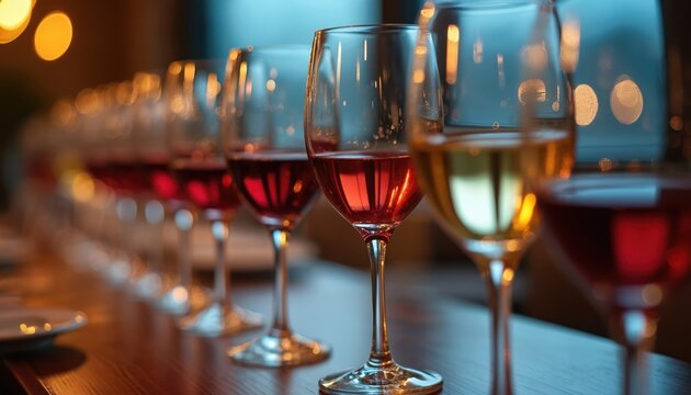 Line of wine glasses filled with red and white liquid. Elegant stemware arranged on dining table. Soft bokeh lights create festive atmosphere. Ready for tasting.
