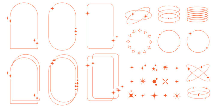 Modern minimalist aesthetic line elements set. Linear geometric frames and forms with stars.