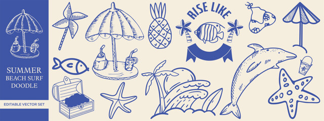 Hand drawn Summer Beach and Surf Doodles with Elements like Palm Trees, Ice Cream, Shark, Dolphin, and Tropical Icons