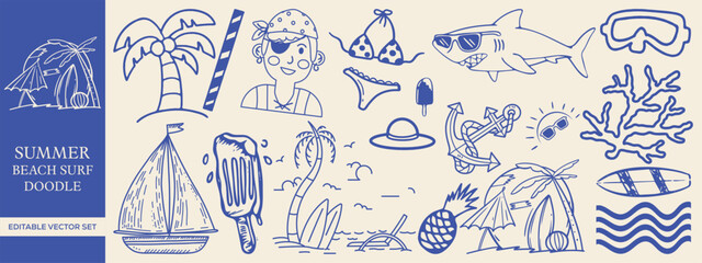 Hand drawn Summer Beach and Surf Doodles with Elements like Palm Trees, Ice Cream, Shark, Dolphin, and Tropical Icons