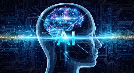 Fototapeta premium AI Art Vector Illustration – Abstract Human Head with AI Logo on Blue Digital Technology Background for Banner and Web Poster Template