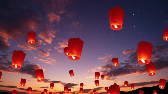 Red sky lanterns floating up into the twilight sky. Vertical video of a traditional festival celebration. Hope and wishes concept
