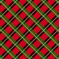 Classic diagonal tartan plaid pattern with red, green, and beige color scheme
