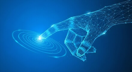  Touchscreen Interface Technology Concept &ndash; Abstract Wireframe Finger Touching Glowing Button on Blue Vector Background with Low-Poly Mesh Lines