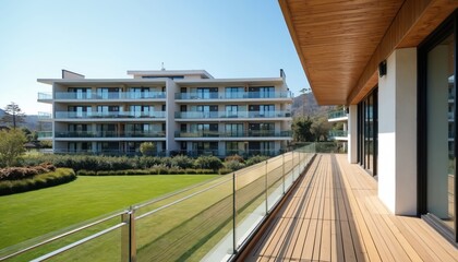 Obraz premium Modern apartment building with several floors, glass railings on balconies. Large wooden deck connects to green lawn. Sunny day highlights contemporary residence near hills. New luxury property