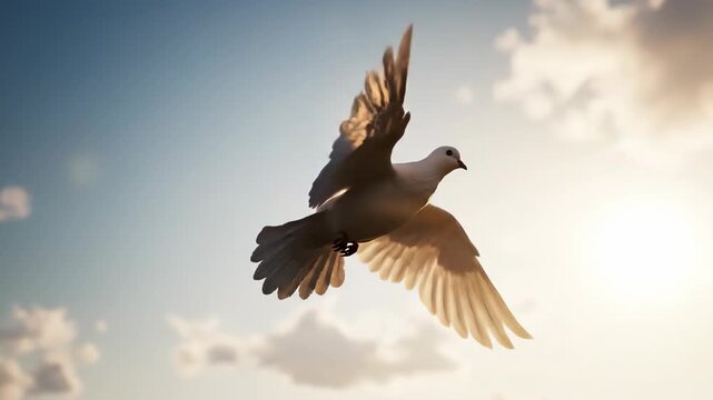 Realistic 3D animation of a white dove flying towards the sun. A spiritual symbol of peace, freedom, and hope soaring in the sky