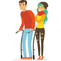 A Supportive Woman Assists a Man Using a Walker with a Transparent Background
