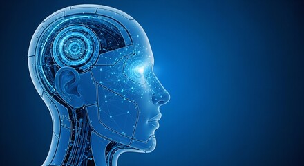 Obraz premium Cyber Technology Concept Vector – Data Flow Circuit Board within Abstract Human Head Profile, Artificial Intelligence Design on Dark Blue Background