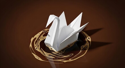 A pristine white origami crane gracefully resting atop a swirling, dark liquid surface.